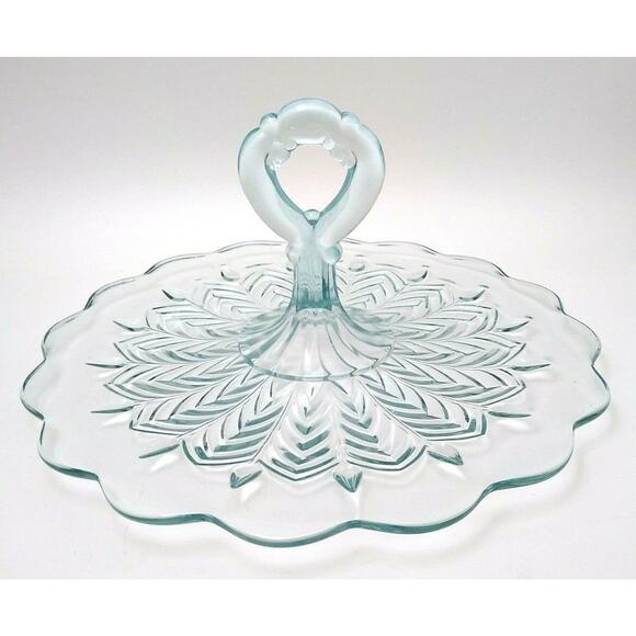 Jeannette Glass 1950's Blue Center Handled Server In The Feather Pattern - Picture 1 of 5